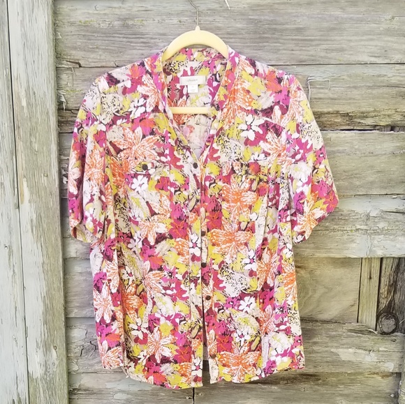 CJ Banks Tops Retro Floral Island Print Linen Blouse Cj Banks